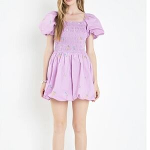 ENGLISH FACTORY NWT Embroidered Floral Purple Puff Sleeve Balloon Puff Dress